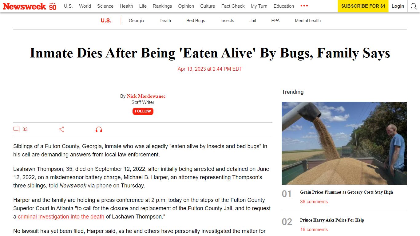 Inmate Dies After Being 'Eaten Alive' By Bugs, Family Says - Newsweek